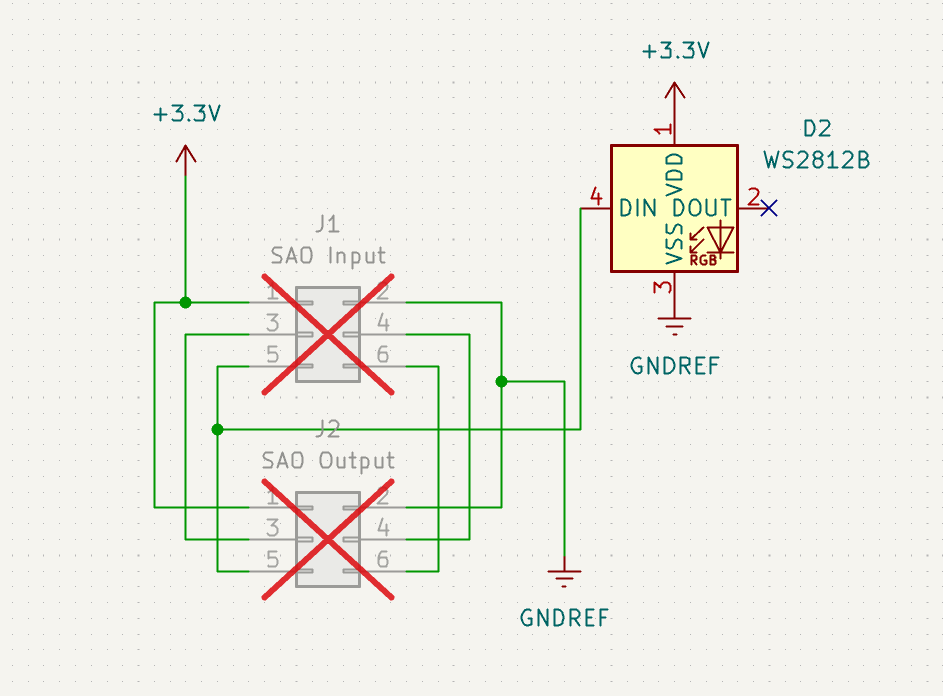 SAO Schematic. Simple, with just a passthrough on the SAO connector, and a WS2812B addressable RGB LED connected to pin 5 and power